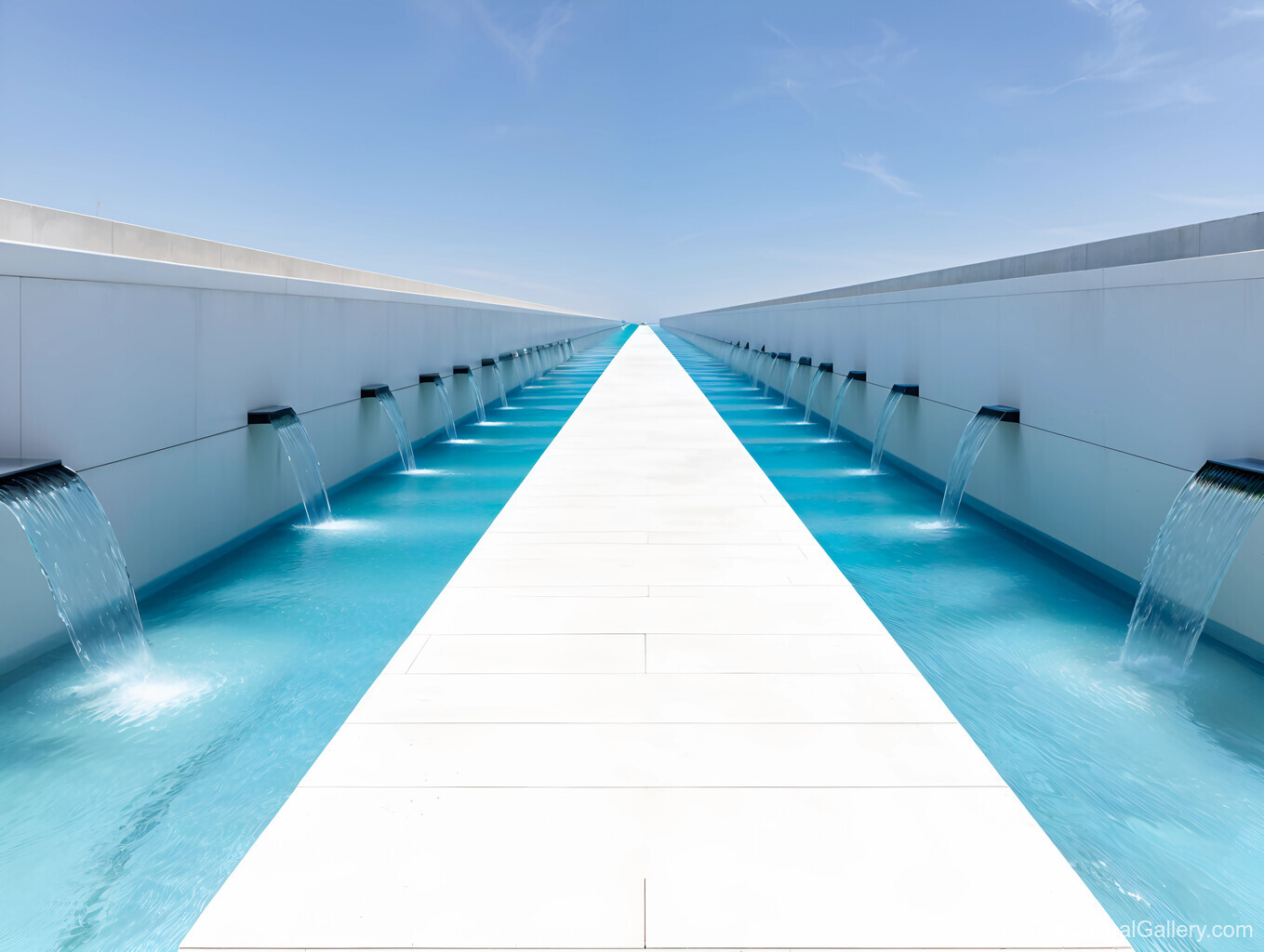 A serene walkway flanked by reflective pools, inviting quiet introspection and peaceful exploration.